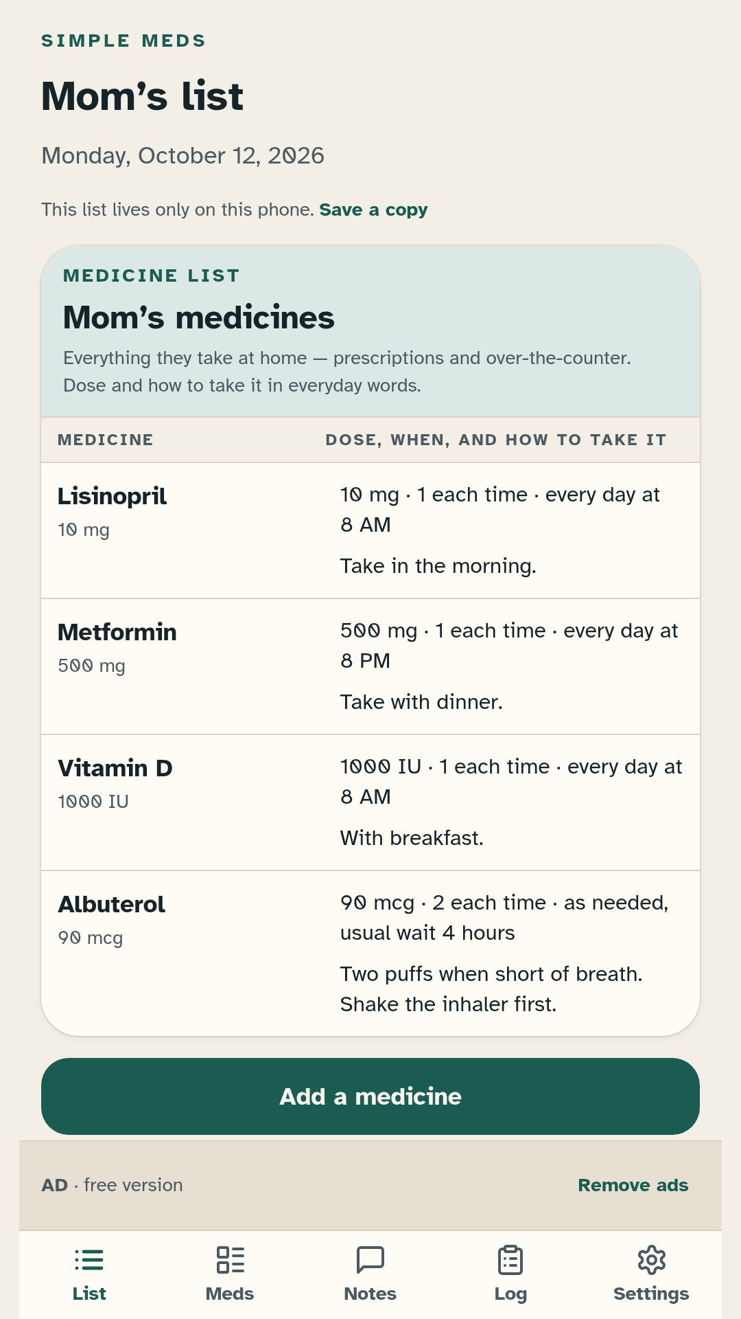 Home list of medicines