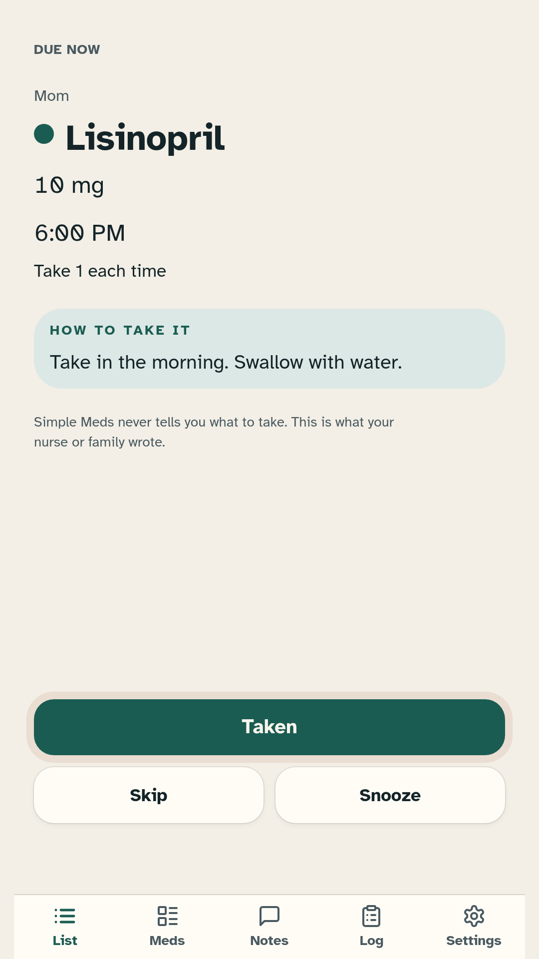 Reminder due screen